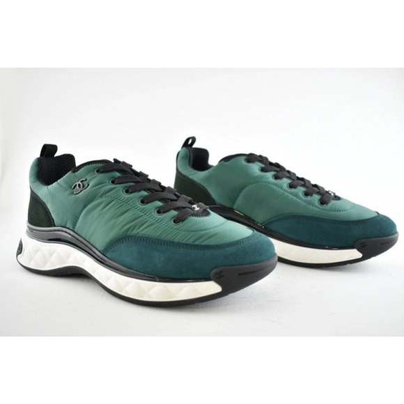 Chanel 21A Mens Green Black White CC Logo Lace Up Low Top Trainer Sneaker 44 11 - Picture 3 of 9